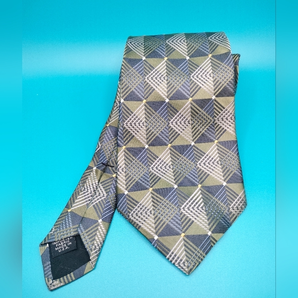 Murano Silk Necktie Tie Geometric Pattern X long Blue Green Made in USA Formal